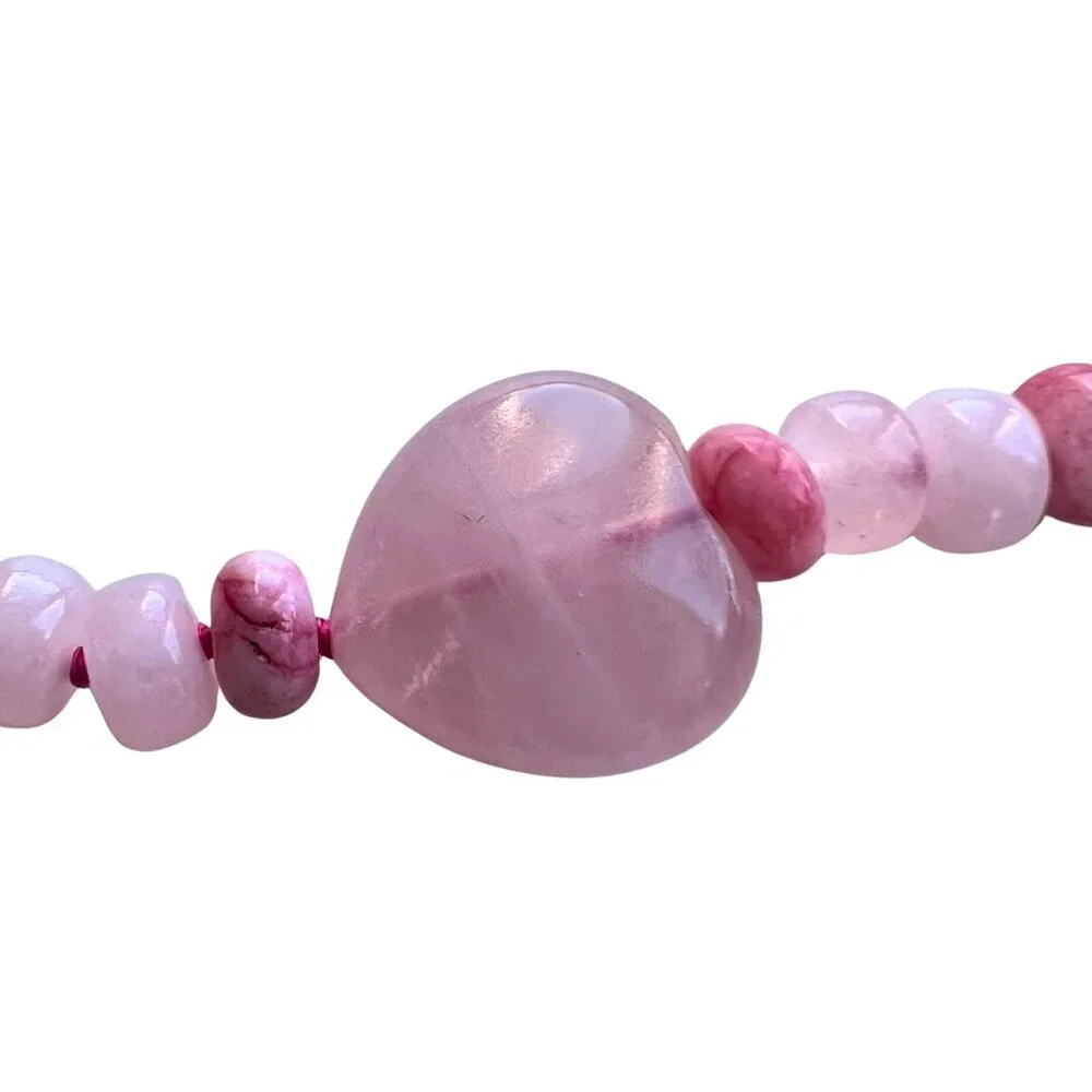 Pink Jade  Rose Quartz Heart Gemstone Bracelet Handcrafted Gold Filled Clasp